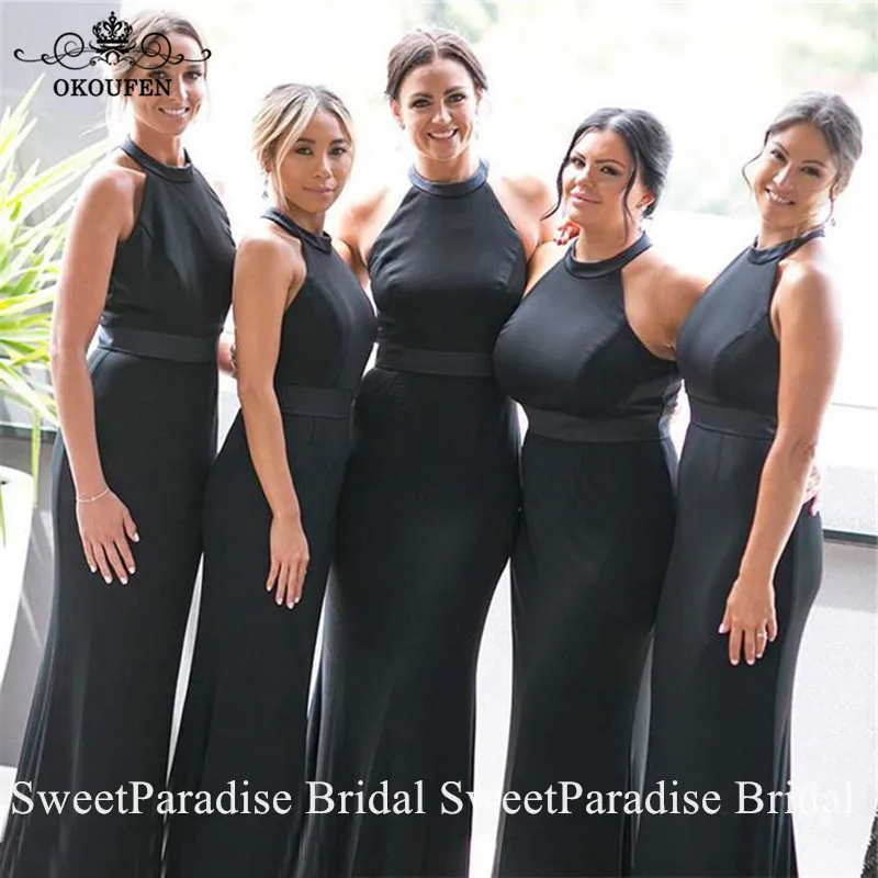 

Wholesale Black Mermaid Bridesmaid Dresses Cheap Sleeveless Long Halter Vestidos Wedding Party Dress For Women