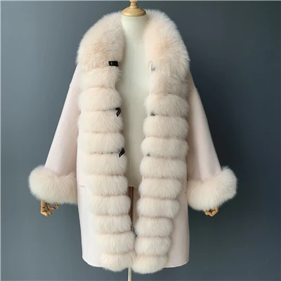 MAOMAOFUR кашемировое шерстяное пальто для женщин, длинный стиль, длинные рукава, воротник из натурального Лисьего меха, Полоска, пиджак с манжетами, Женское шерстяное пальто - Цвет: Light Beige