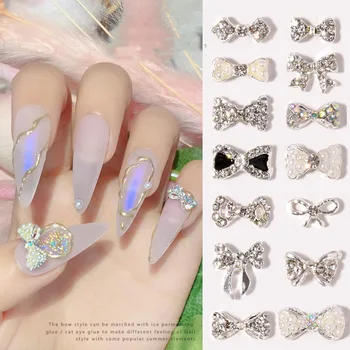 

10 pieces of bow nail art jewelry pearl new super flash rhinestones Japanese pearl bow flat nails decoration diamond crystal