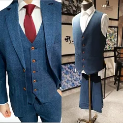 Wool Blue Herringbone Men Suits Retro Gentleman Style Custom Made Tailor Suit Blazer Wedding Business Suits (Jacket+Pants+Vest)