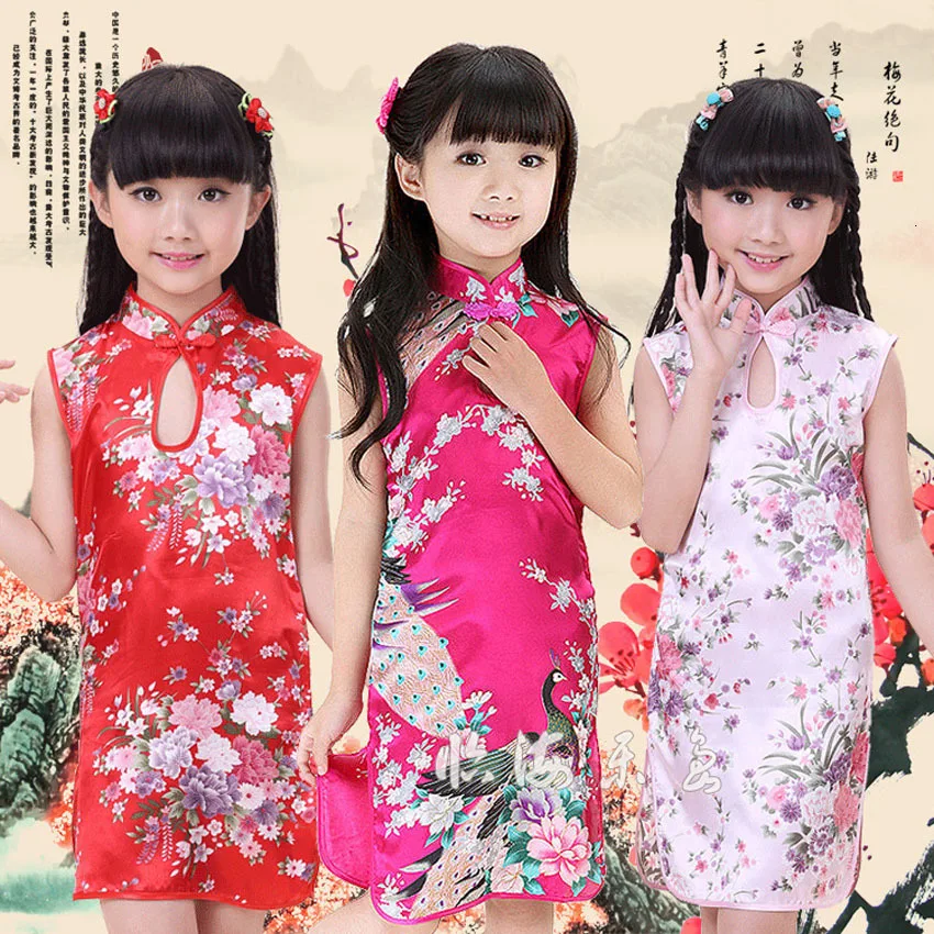 

Kids Girls Cheongsams Dress Chinese Traditional Costumes Vintage Vestido Tang Suit Peacock Satin Kimono Split Dresses for Girls