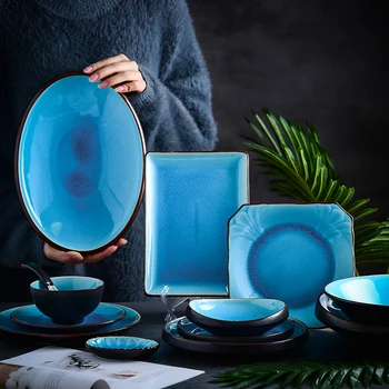 

Japanese Blue Ceramic Food Plates Thick Lips Dinner Plate Salad Bowl Saucer Rectangle Dish Fish Plate Dinnerware Set Wholesale