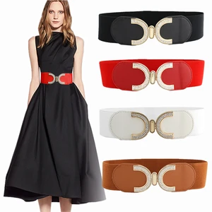 Cinturones con cristal de marca de lujo para mujer, decoración de botones, cinturón ancho de PU, de diseñador, color negro