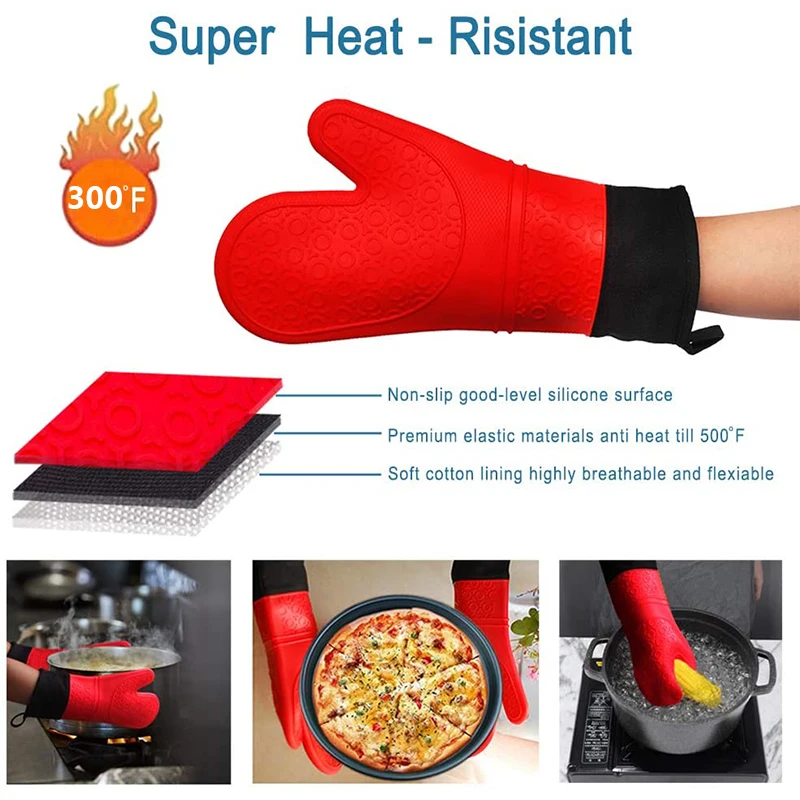 1 Professional Oven Gloves Heat Resistant Silicone Gloves Oven Mitts Non-Slip Cooking Barbecue Gants With Soft Inner Lining