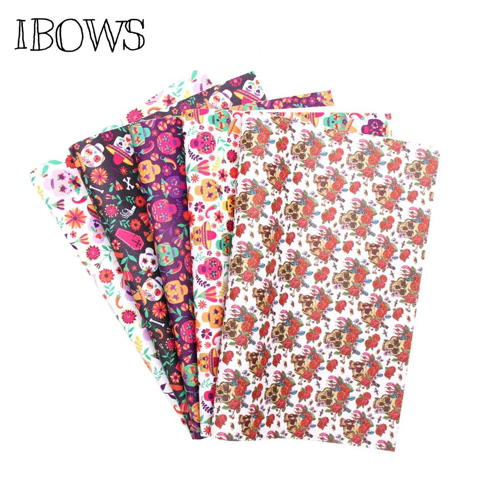 

IBOWS Haloween Snythetic Leather Fabric Sheet Flower Skull Faux Leather Vinyl Fabric for DIY Hairbow Bags Crafts Bow Material A4