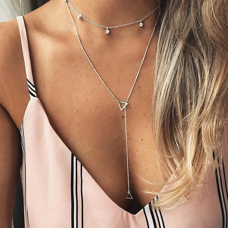 

Fashion Women Necklaces Crystal Fringe Triangle Pendant Clavicle Chain Multilayer Silver Long Necklace Set Dance Party Jewelry