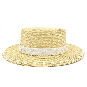 Sombrero de paja con perlas hechas a mano para mujer, gorro plano con borde ancho de 8cm, gorra de playa para sol, Sombrero de Panamá para mujer, sombrero de ocasión Derby