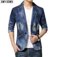 Весенний модный бренд мужской Джинсовый блейзер мужские трендовые костюмы Повседневная одна металлическая кнопка приталенный джинсовый пиджак костюм плюс размер 4XL