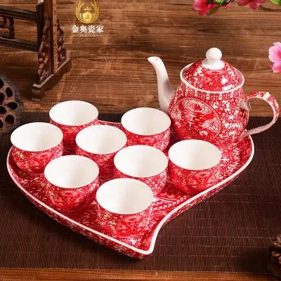 Высококачественный китайский свадебный подарок свадебные принадлежности красная керамическая чашка чайник двойной-счастье чайник в форме сердца лоток набор - Цвет: 4
