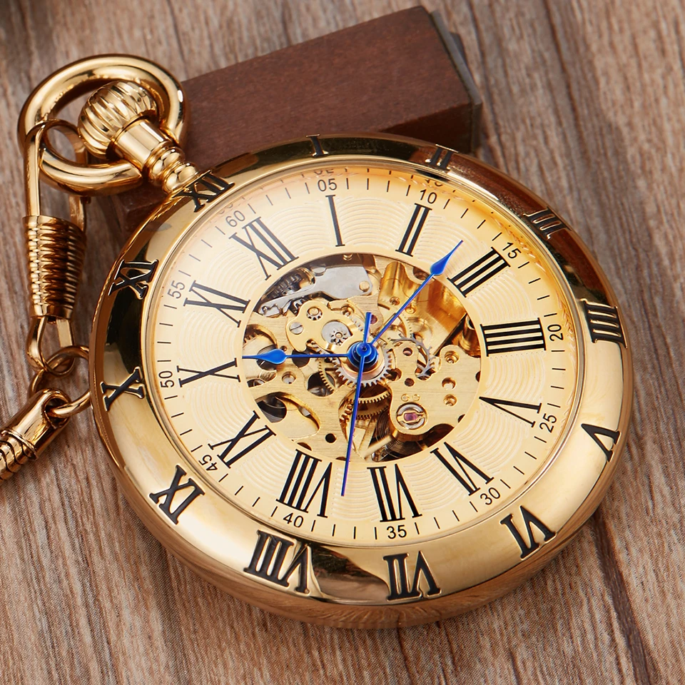 Роскошные золотые автоматические механические карманные часы ретро медные часы римские цифры брелок цепочка подвески для мужчин и женщин reloj de bolsillo