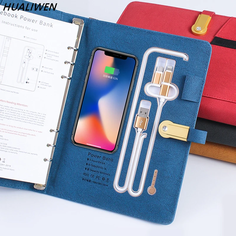 Notebook with charging treasure creative multi-function notebook with USB flash disk leather notebook with power loose-leaf afbeelding