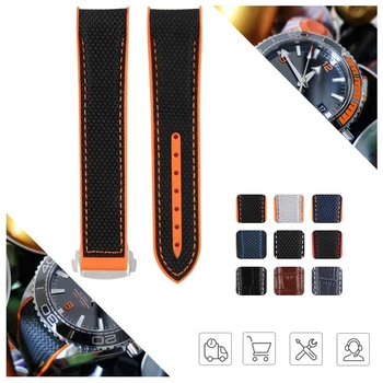 

20MM 22MM Curved End Genuine Leather Silicone Bottom Strap Waterproof Watchband for Sea Master 300 Planet Ocean 600 Black Blue