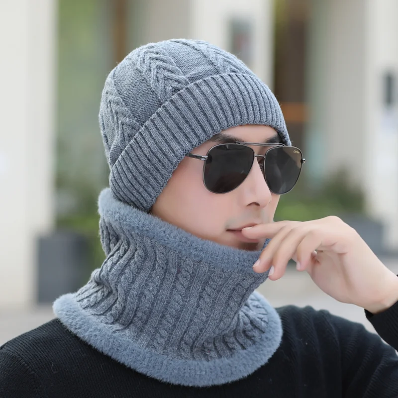 Высококачественная Зимняя вязанная мужская шапка Skullies, модная вязанная шапка из шерсти, шапка для мужчин, бархатная шапка, теплый мужской шарф, шапка