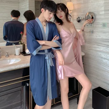 

Summer Satin Couple Sleepwear Women Lace Robe Set Men Kimono Gown Lovers Silky Sleep Set Casual 2PCS Sleepwear Home Wear