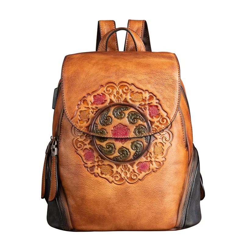US $57.19 First Layer Cowhide Backpack Rucksack With USB Charging Port Genuine Leather Lady Female School Book Bag Daypack Knapsack