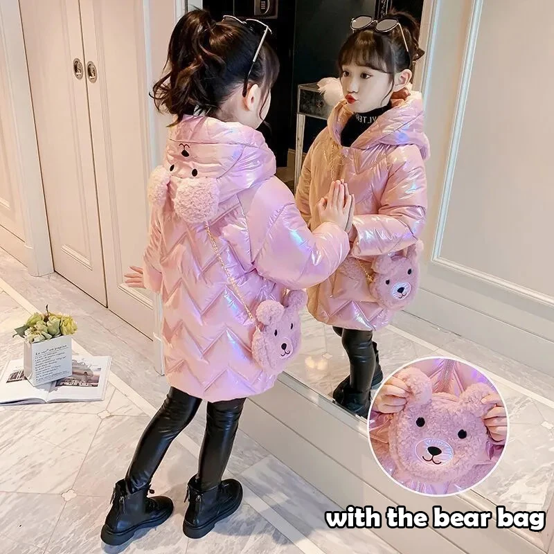 4-12 Year Girls Coat Fashion Long Down Jackets Winter Thick Warm Parkas Snowsuit Cute Bear Hooded Children's Outerwear down jacket children jackets girls coat