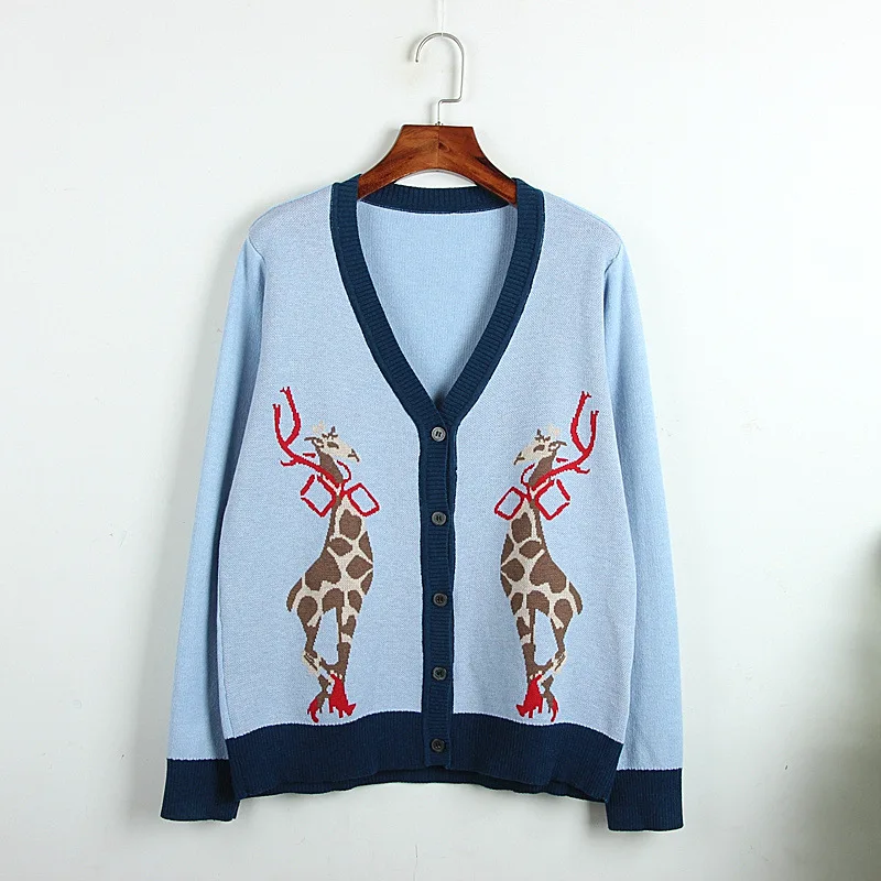 

Jacquard Knit Sweater Cardigans 2019 Autumn Hit Color Fawn Pattern V-neck Single Breasted Knitted Deer Cardigan Coat Sweaters