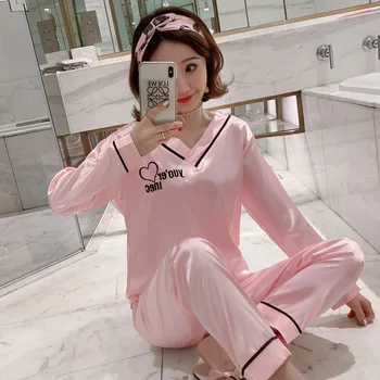 

Silk Pajamas for Women Pigiama Donna V-Neck Sleepwear Set Room Wear Heart-shaped Print Pajamas Home Clothes Pyjamas Women