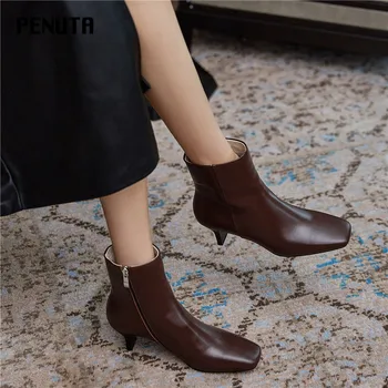 

2020 PENUTA Korean Boots Genuine Leather Ankle Boots For Women New Chic Shoes Square Toe Autumn Sexy Booties Retro Vintage D0067