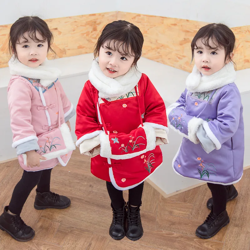 3 шт.; костюм для девочек; платье в китайском стиле; детское толстое Ципао; Детское пальто; сезон осень-зима; платья для малышей; одежда на год