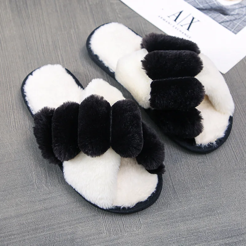 PIKADINGNIS Luxury Winter House Women Fur Slippers Fuzzy Cross Band Open  Toe Girls Shoes Non-slip Indoor Bedroom Ladies Fluffy Slippers