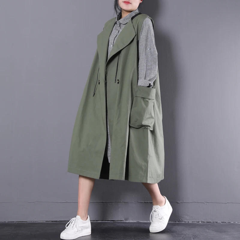 

[EWQ] 2019 New Pattern Button Green Color Women Fashion Jacket Long Loose Plus Size O-neck Tied Pockets Vest Tide WA23706L