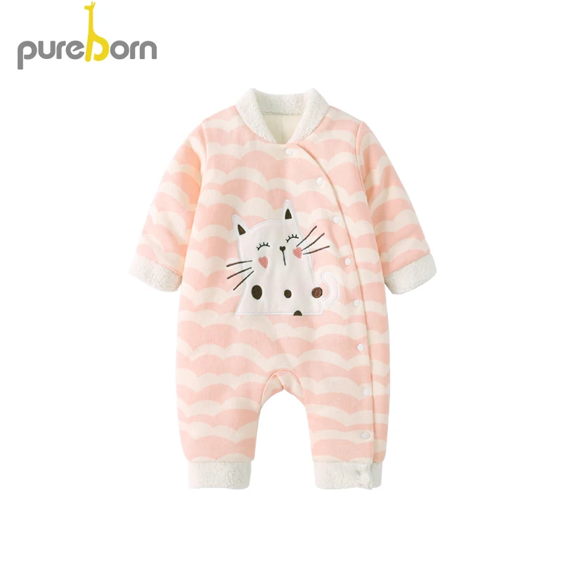 Pureborn унисекс детская зимняя одежда с рисунком кота кролика Стеганный хлопковый комбинезон с подкладкой для новорожденных комбинезон для младенцев мальчиков девочек костюм - Цвет: pink