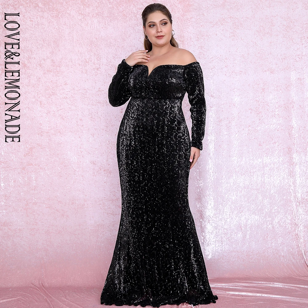 LOVE& LEMONADE размера плюс сексуальное черное с глубоким v-образным вырезом с открытыми плечами облегающее эластичное платье макси с блестками LM80273PLUS осень/зима