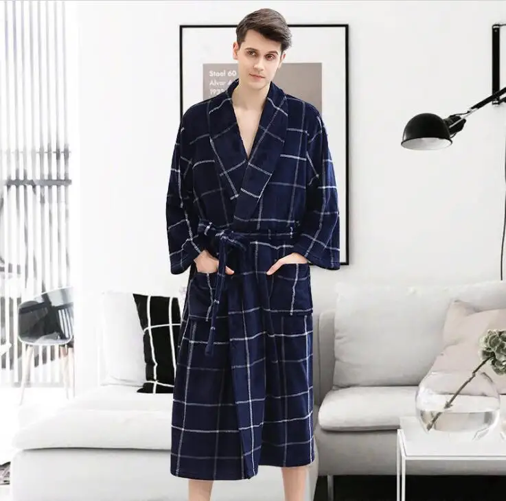 Blue lattice-1 Фланелевая пара, осенняя и зимняя женская Коралловая флисовая плотная ночная рубашка, банное платье, одежда для сна, большая длинная ночная рубашка, банный Халат - Цвет: Blue lattice-1