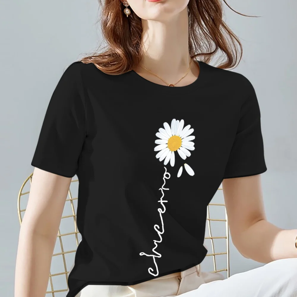 Women T-Shirt Vintage Daisy Flower Pattern Print Series Summer Black All-match O Neck Short Sleeve Tees Casual Tops XXS-3XL palm angels t shirt Tees
