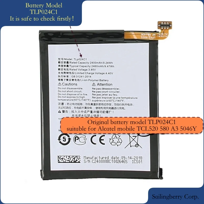 

Original battery suitable for Alcatel mobile TCL520 580 A3 5046Y with battery model TLp024C1