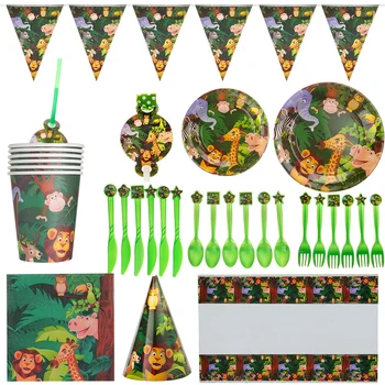 

Safari Party Tableware Set Birthday Party Decoration Kids Plate Cups Hats Tablecloth Straw Animal Jungle Birthday Decor Supplies