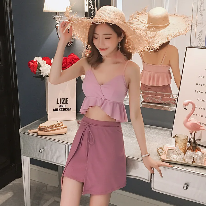 

2019 New Style Korean-style Two-piece Swimsuits Women's Bikini Three-piece Set Triangular High-waisted Small Bust Gathering Hot