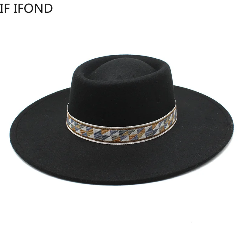 

Autumn Winter Wool Felt Fedoras Hat 9.5CM Wide Brim Jazz Hats For Women British Style Flat bowler Church Dress Hats
