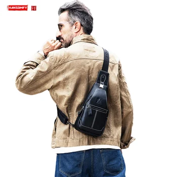

Genuine Leather Men's Chest Bag First Layer Cowhide Shoulder Diagonal Chest Bags Black Brown