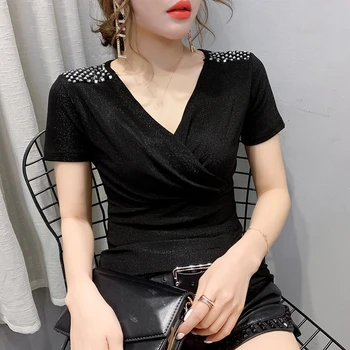 

Summer Fashion Korean Clothes T-shirt Sexy Shiny V-Neck Diamonds Women Tops Ropa Mujer Short Sleeve Bright Gold Tees 2020 T03507