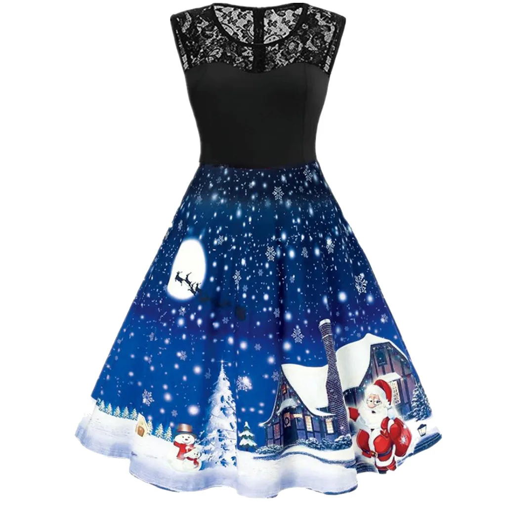 Женское рождественское платье, винтажное, с рождественским принтом, для домохозяйки, для вечеринки, без рукавов, платья для вечеринок, для женщин, вечернее, ropa mujer - Цвет: Синий