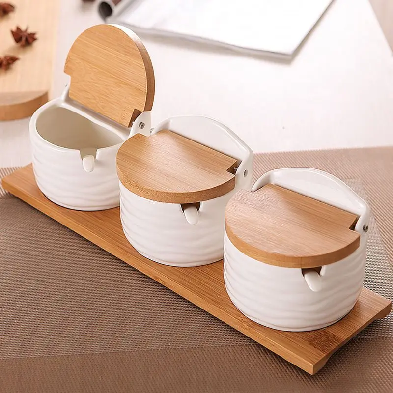 sugar bowl with lid spoon wooden seasoning jar kitchen tool salt storage box 1PC