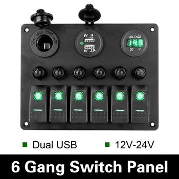

LEEPEE Dual USB Ports Aluminum Panel Digital Voltmeter 6 Gang Rocker Switch Panel Car Marine Boat Circuit LED Breaker DC 12V/24V