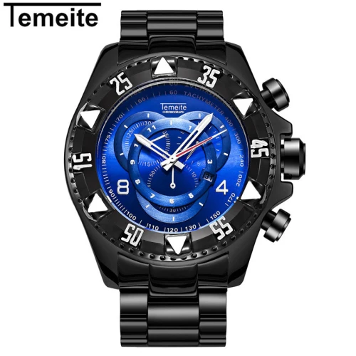 TEMEITE часы мужские Relogio Masculino лучший бренд класса люкс Большой циферблат водонепроницаемые спортивные часы золотые мужские часы кварцевые наручные часы - Цвет: black blue