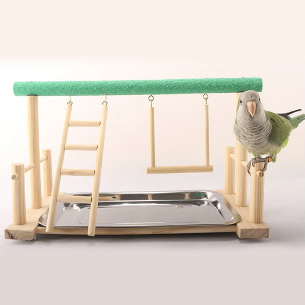 Parrots Bird Playground Wood Perch Gym Stand with Stainless Steel Tray