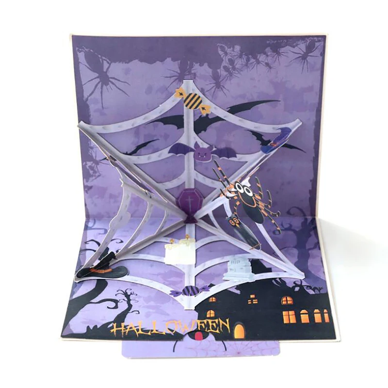  Creative 3D Greeting Card Carving Paper-cut Spider Cobweb Greeting Card Halloween Party Invitation  - 4000165311042