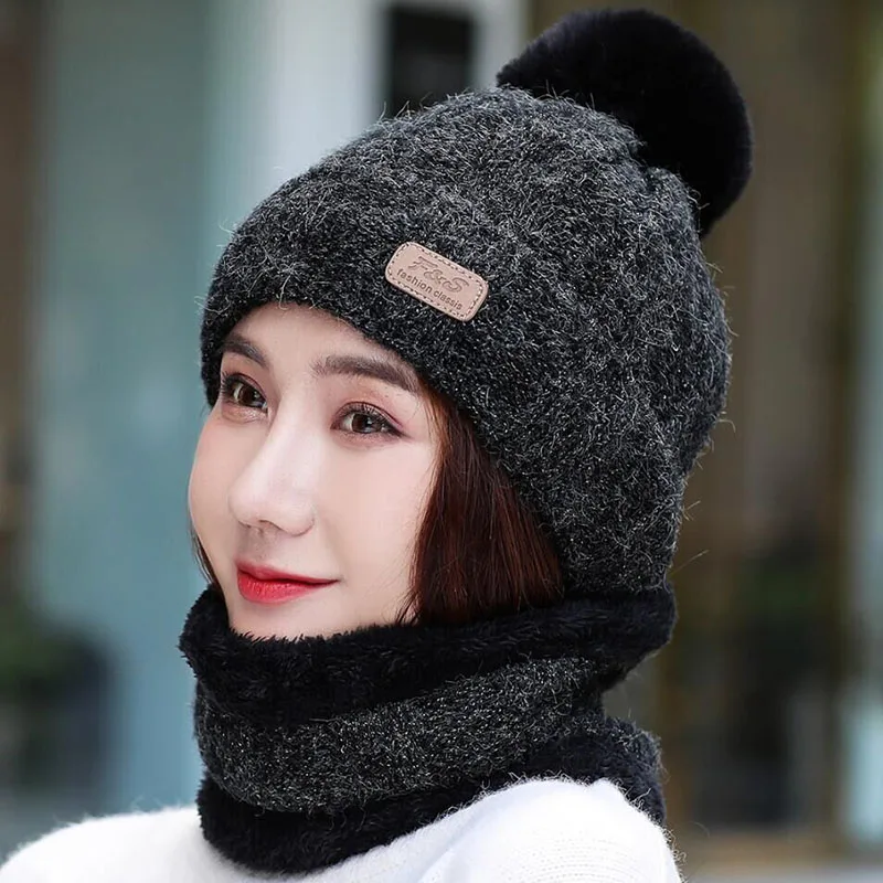 SUOGRY Hot Selling 2pcs Ski Cap And Scarf Cold Warm Leather Winter Hat for Women Knitted Hat Bonnet Warm Cap Skullies Beanies - Цвет: Hat scarf black