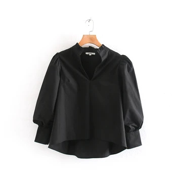 

VomVoa foreign trade women's spring new European and American wild lotus leaf poplin loose lantern sleeve short blouse top