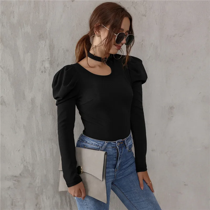 Women's Black Long-sleeved Hollow Round Neck Puff Sleeve T-shirt Casual Street Wear Slim Fashion Party Wear Office Lady Wear