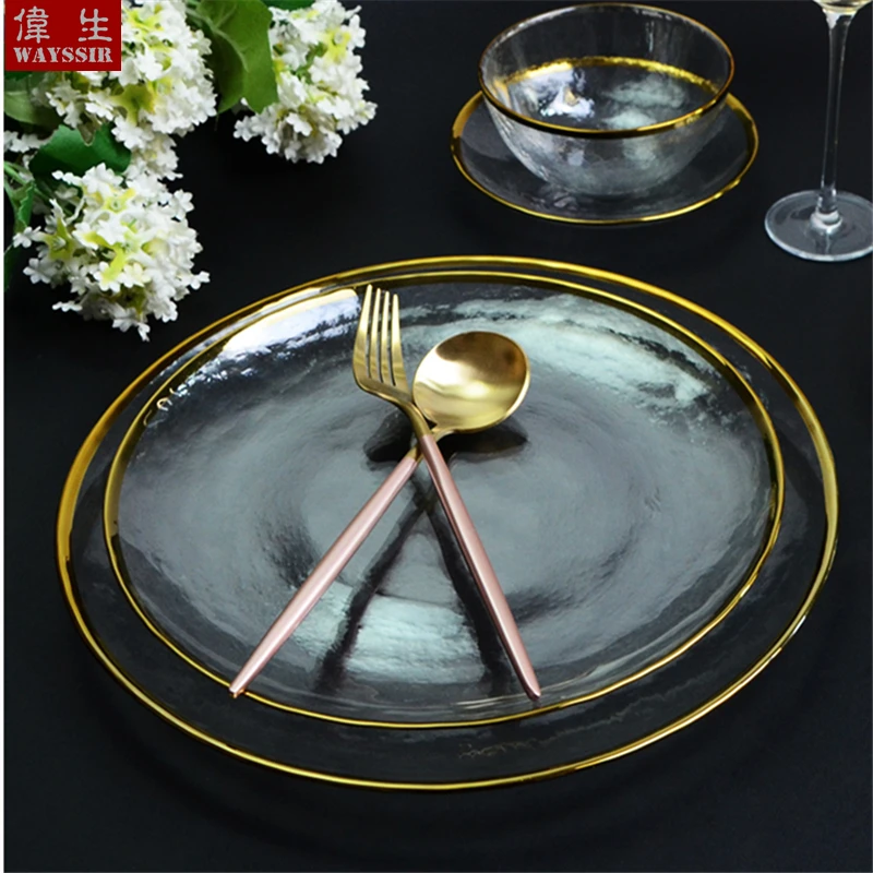 Nordic style gold-plated glass plate for fruit, dessert, salad, soup bowl, dinner, hotel, wedding, decorative tableware
