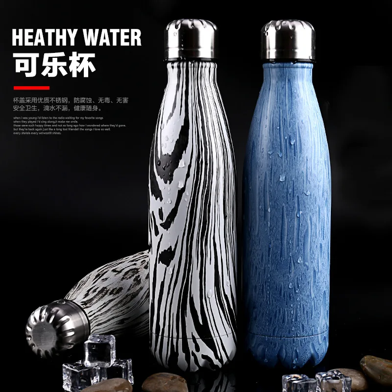 

New Style 304 Spacious Stainless Steel Insulated Coke Bottle Wood Grain Coke Bottle Cup Lettering Creative Gifts