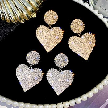 LATS New Heart Earrings Women’s Luxurious Geometric Full Rhinestone Earrings Korean Gold/Silver Color Love 2020 Fashion Jewelry