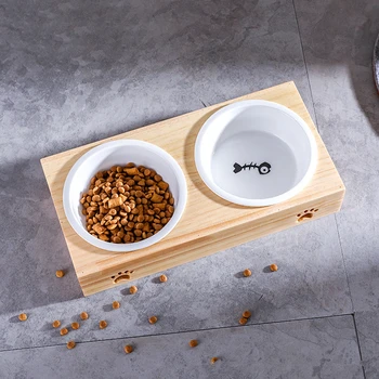 

Cute Cat Bowl for Pet Double Ceramic Bowls with Wooden Base Dog Food Water Bowl Feeding Drinking for Puppy Pet Feeder S/M