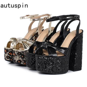 

autuspin 2020 Summer Women Sexy Bling Platform Sandals Genuine Leather Women 14cm Super High Heels Nightclub Party Glitter Shoes